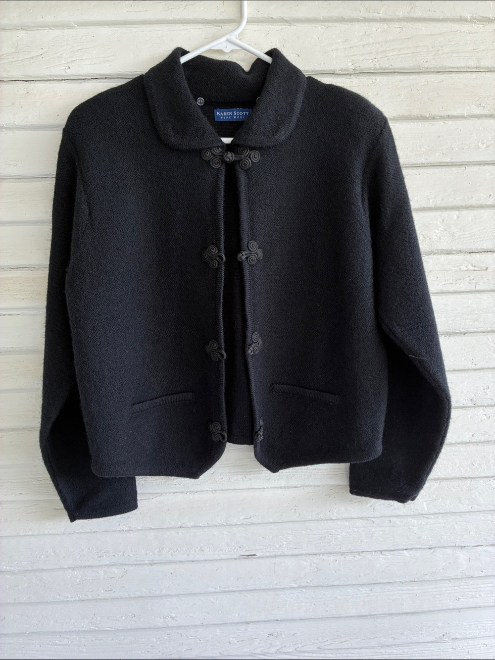 Karen Scott Black Short Wool-Blend Frog Closure Sweater Jacket